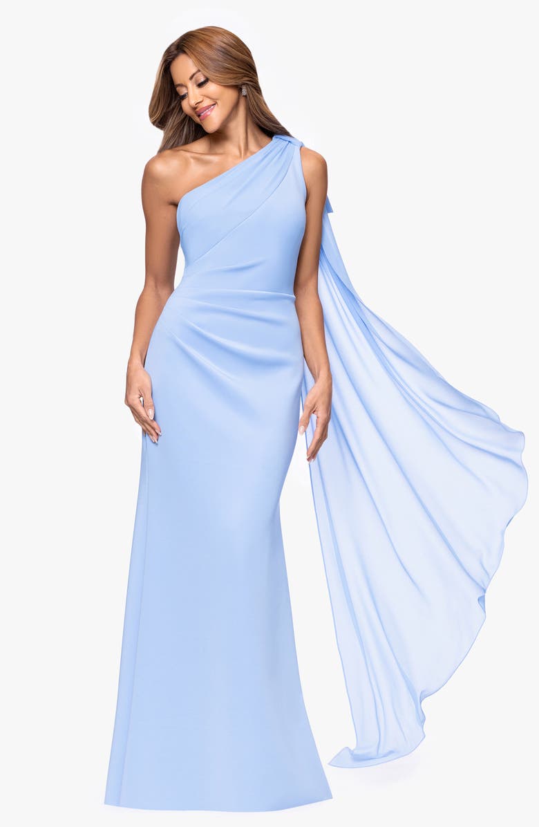 Xscape Evenings Sash Detail One-Shoulder Scuba Crepe Sheath Gown, Alternate, color,