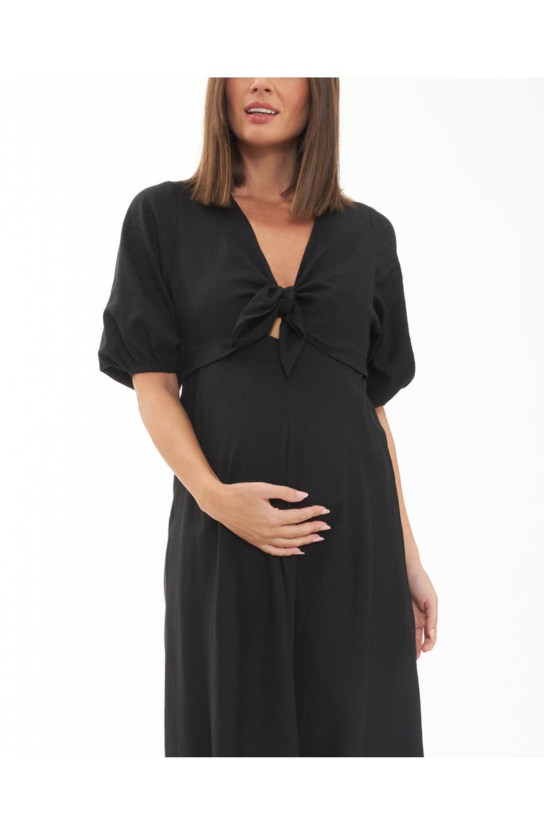 Ripe Maternity Camille Tie Front Linen Dress, Alternate, color, Black