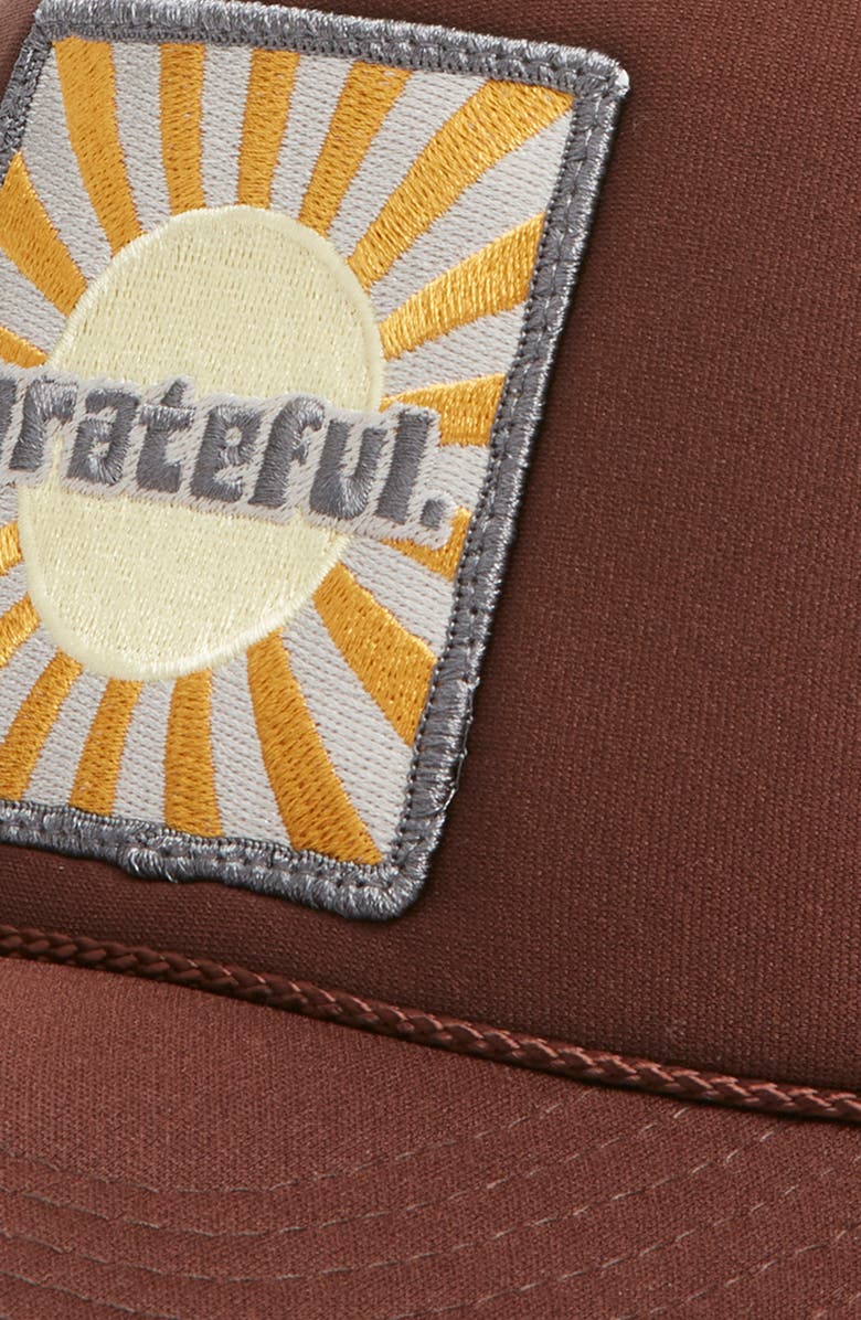 Friday Feelin’ Grateful Tan Patch Trucker Hat, Alternate, color, Brown