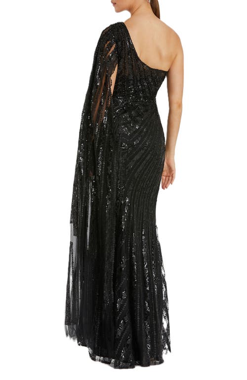 Mac Duggal One Shoulder Cape Sleeve Embellished Gown In Black