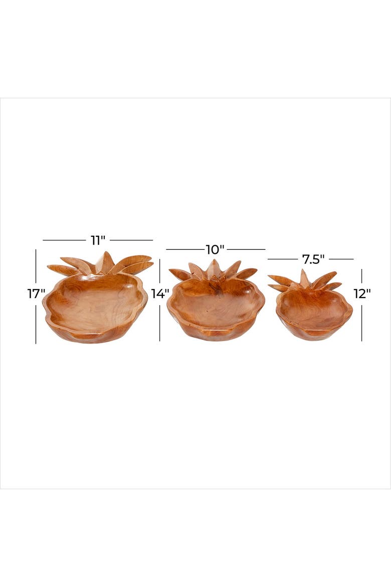 Brown Teakwood Handmade Pineapple Fruit Decorative Bowl - Set of 3, Alternate, color, BROWN