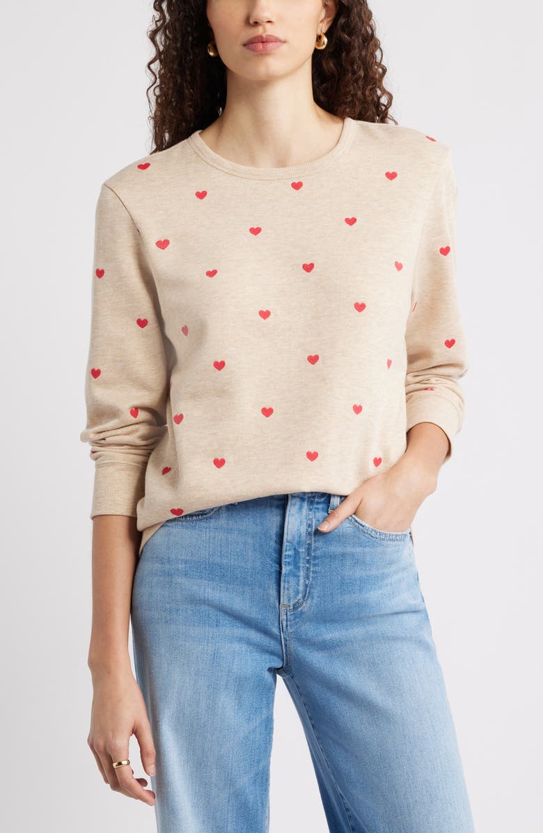 Caslon<sup>®</sup> Embroidered Heart Sweatshirt, Main, color, Tan Doeskin Heather Mini Heart