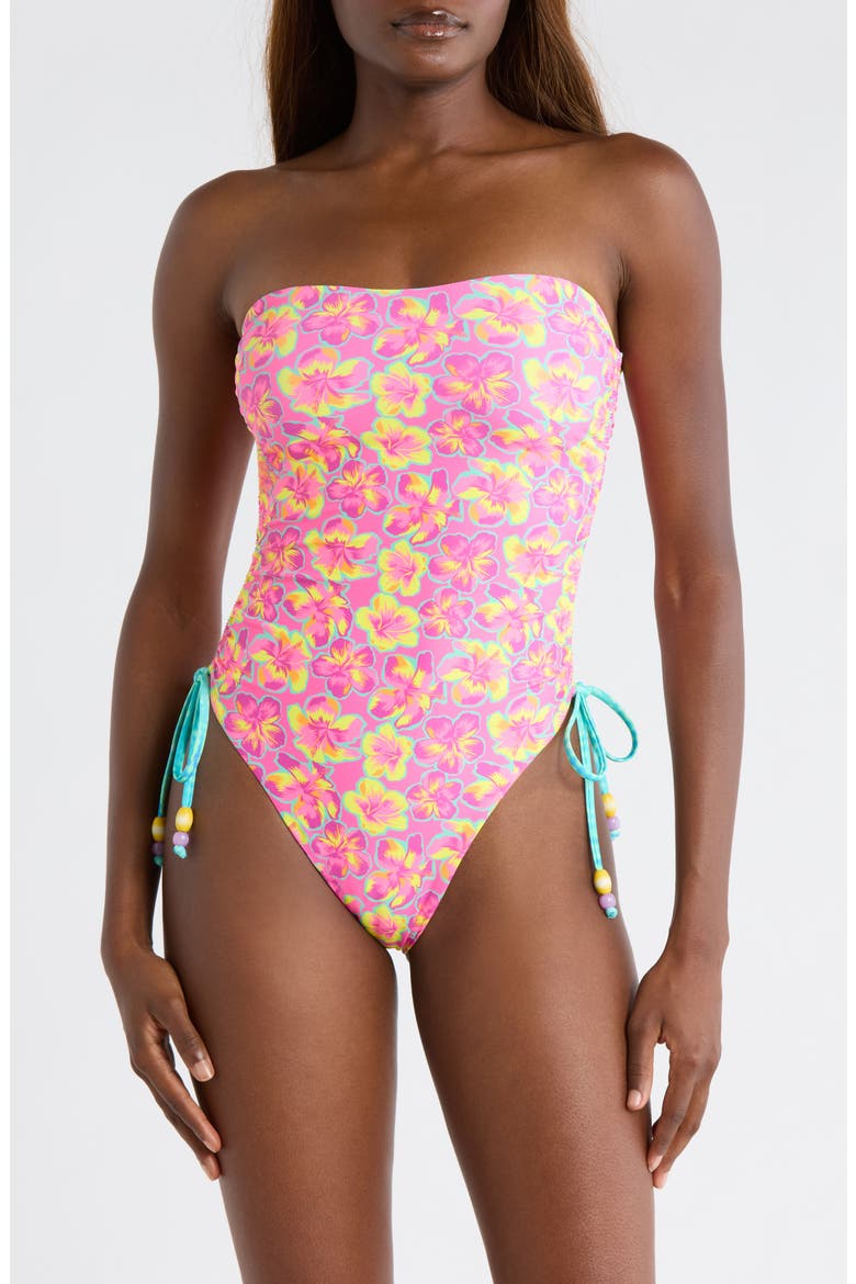 Strapless Cinched Tie One-Piece Swimsuit, Main, color, SUN POP