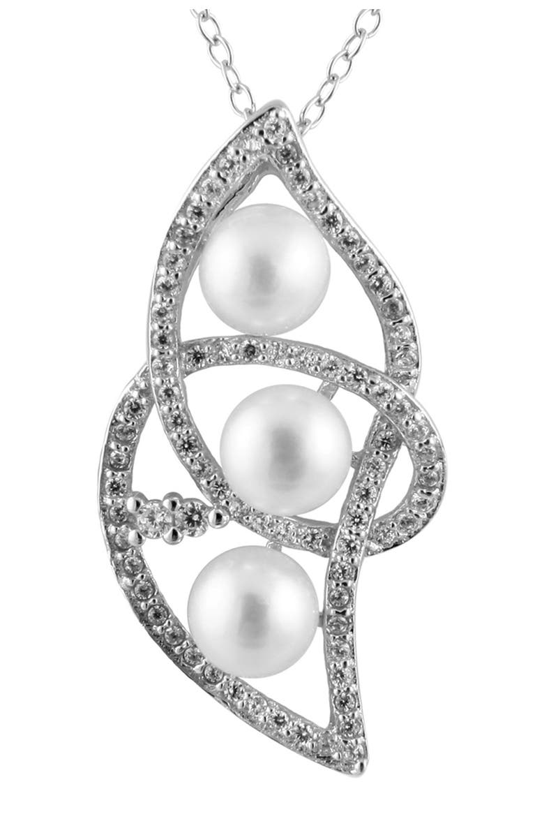 SPLENDID PEARLS Rhodium Plated Sterling Silver Pavé CZ 5–5.5mm Freshwater Pearl Pendant Necklace, Main, color, 