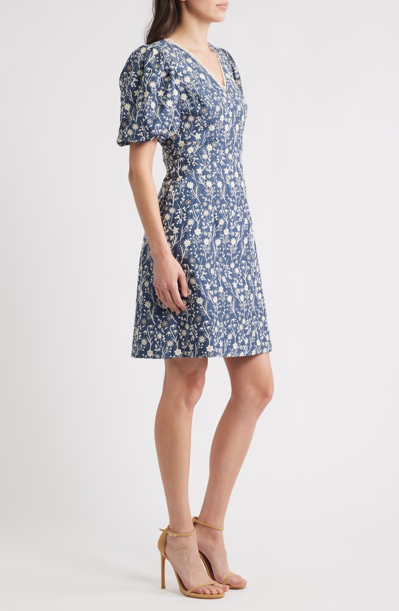 Eliza J Embroidered Puff Sleeve Dress, Alternate, color, Denim