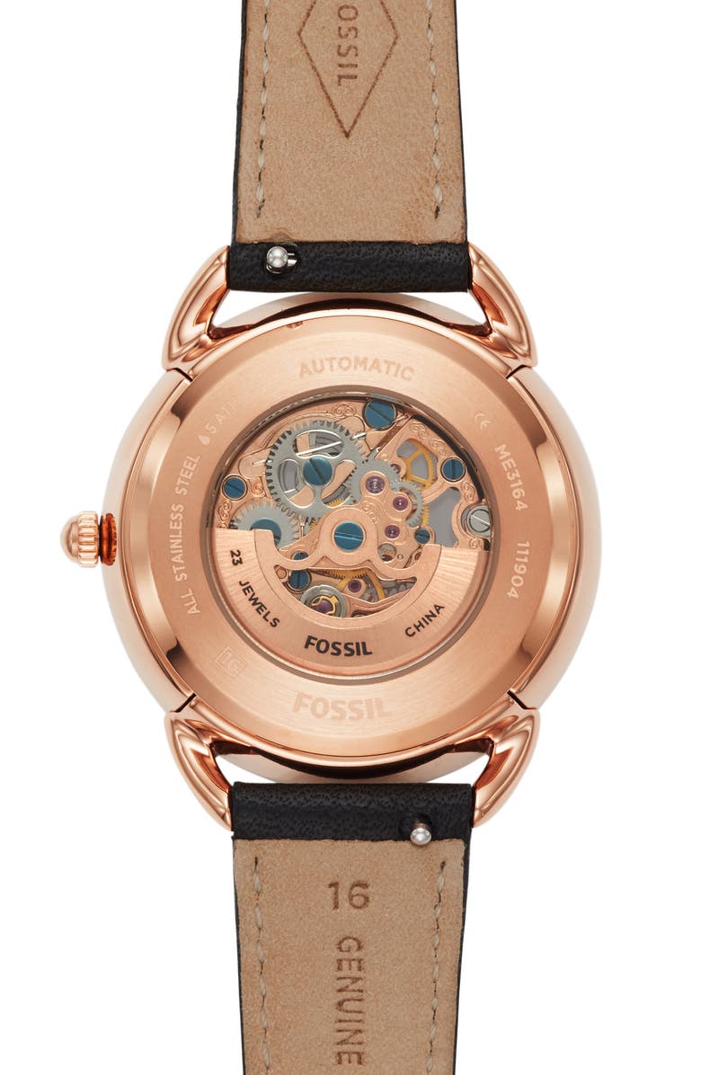 Fossil Tailor Skeleton Automatic Leather Strap Watch, 35mm, Alternate, color, 