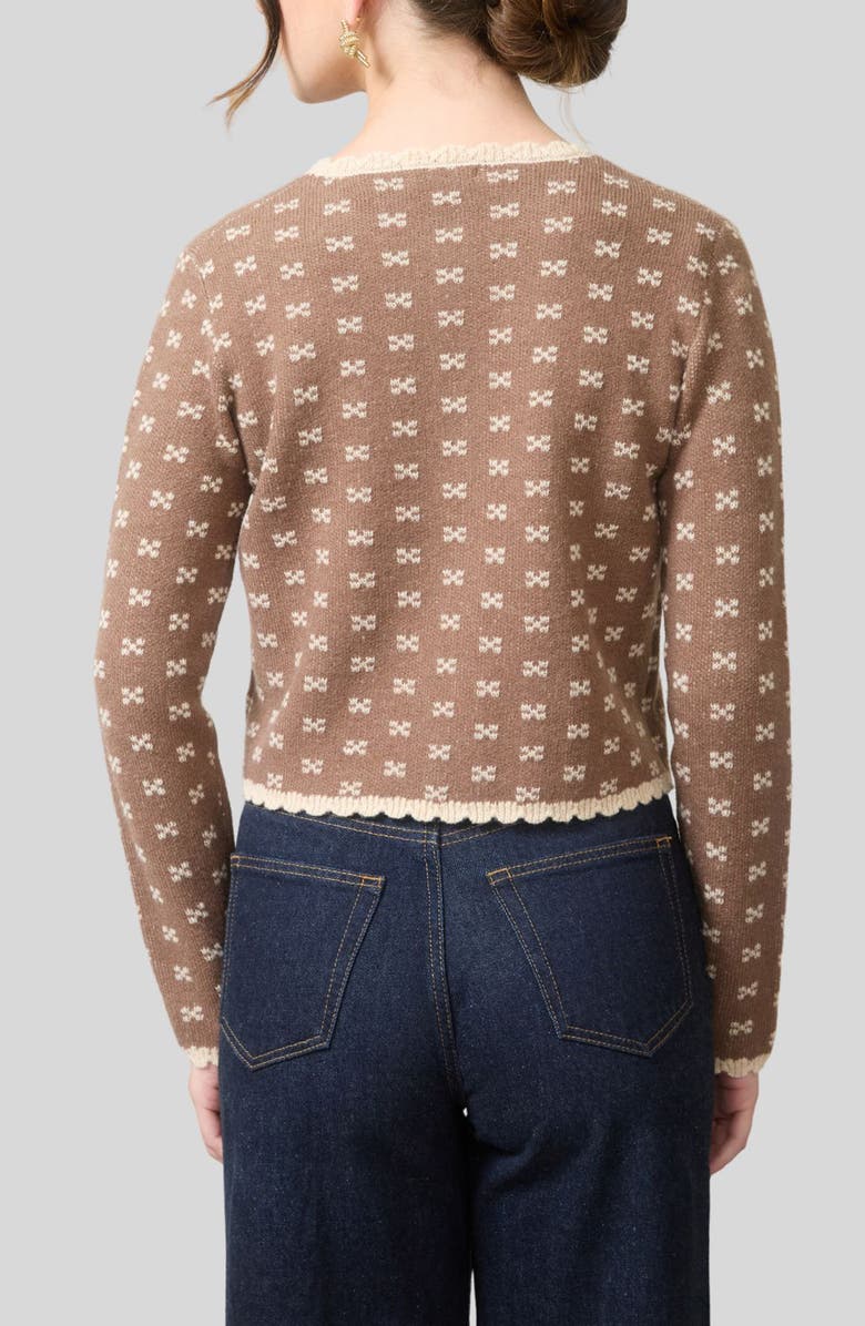 Blu Pepper Bow Patterned Scalloped Crop Cardigan, Alternate, color, Cocoa