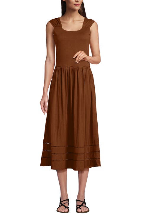 Slub Cap Sleeve Shirred Skirt Midi Dress