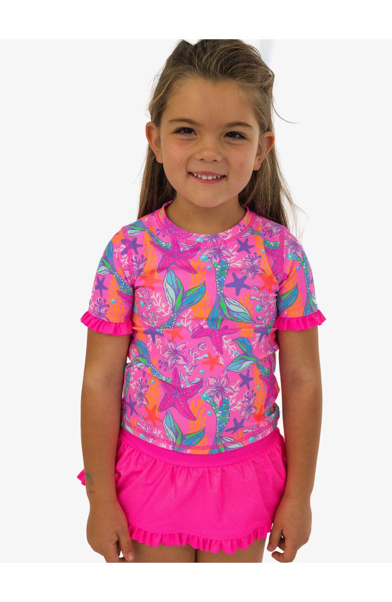 RuffleButts Toddler Girls Short Sleeve Ruffle UPF50+ Rash Guard Skirted 2-Piece, Alternate, color, Neon Shimmer Mermaid