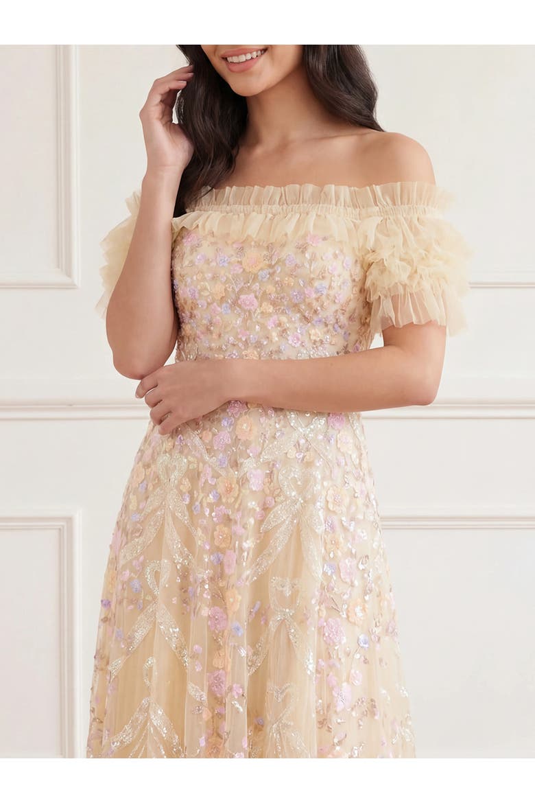 Ribbon Heart Off-shoulder Ankle Gown, Alternate, color, Lemon Sorbet/Multi