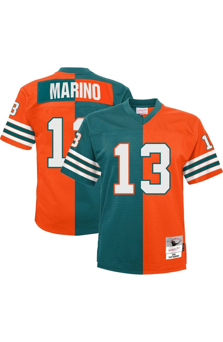 Mitchell & Ness Youth Mitchell & Ness Dan Marino Aqua/Orange Miami Dolphins Split Legacy Jersey, Main, color, 