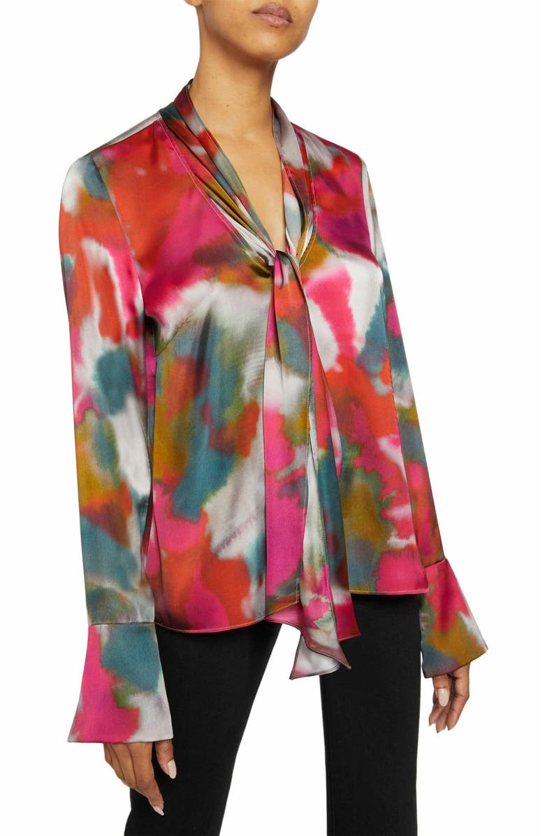 Santorelli AMANDA Long Sleeve Print Blouse with Drop Neck Tie, Main, color,