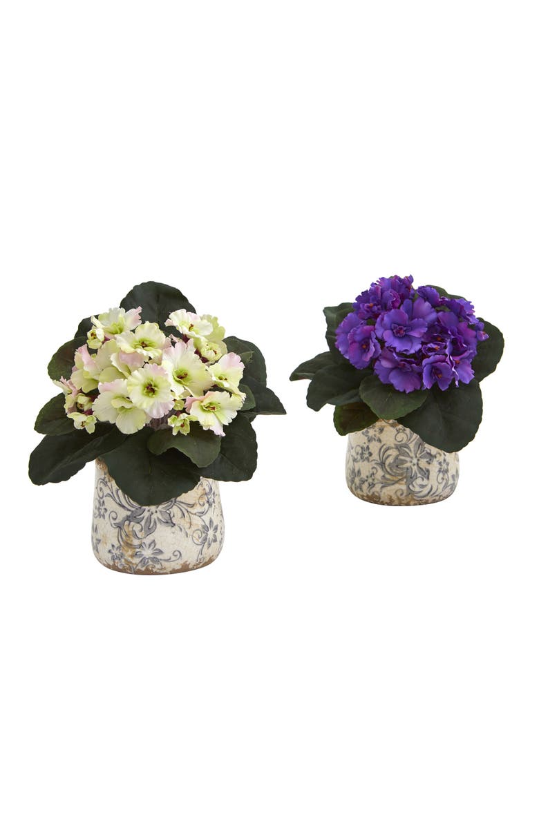 NEARLY NATURAL 8-in African Violet Artificial Plant in Floral Design Vase, Main, color, Cream/Purple