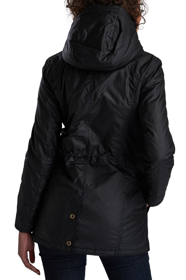 Barbour B.INTL Kirk Hooded Waxed Cotton Jacket with Faux Fur Trim, Alternate, color, BLACK