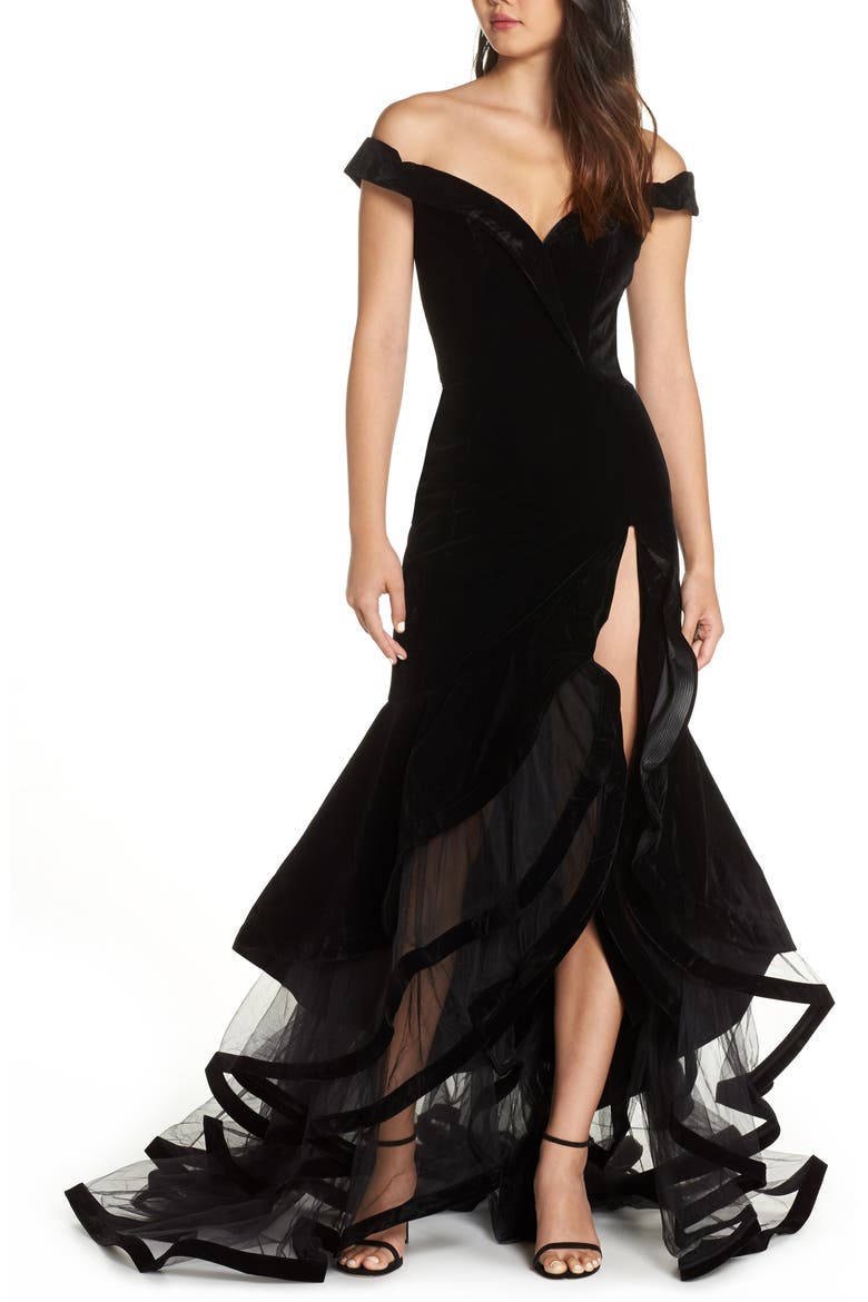 Off the Shoulder Tiered Ballgown, Main, color, BLACK
