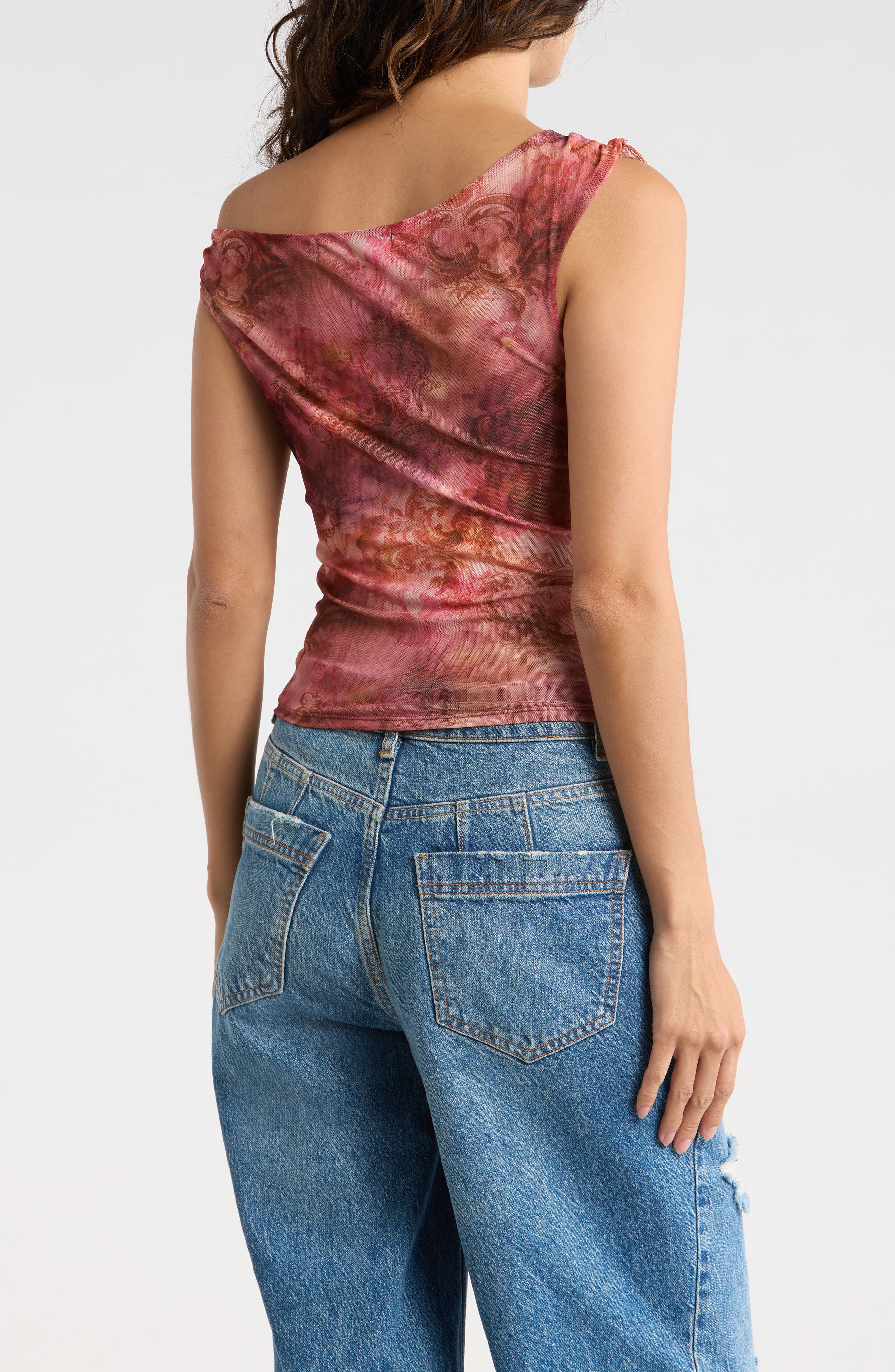 Printed One-Shoulder Mesh Top - image 2