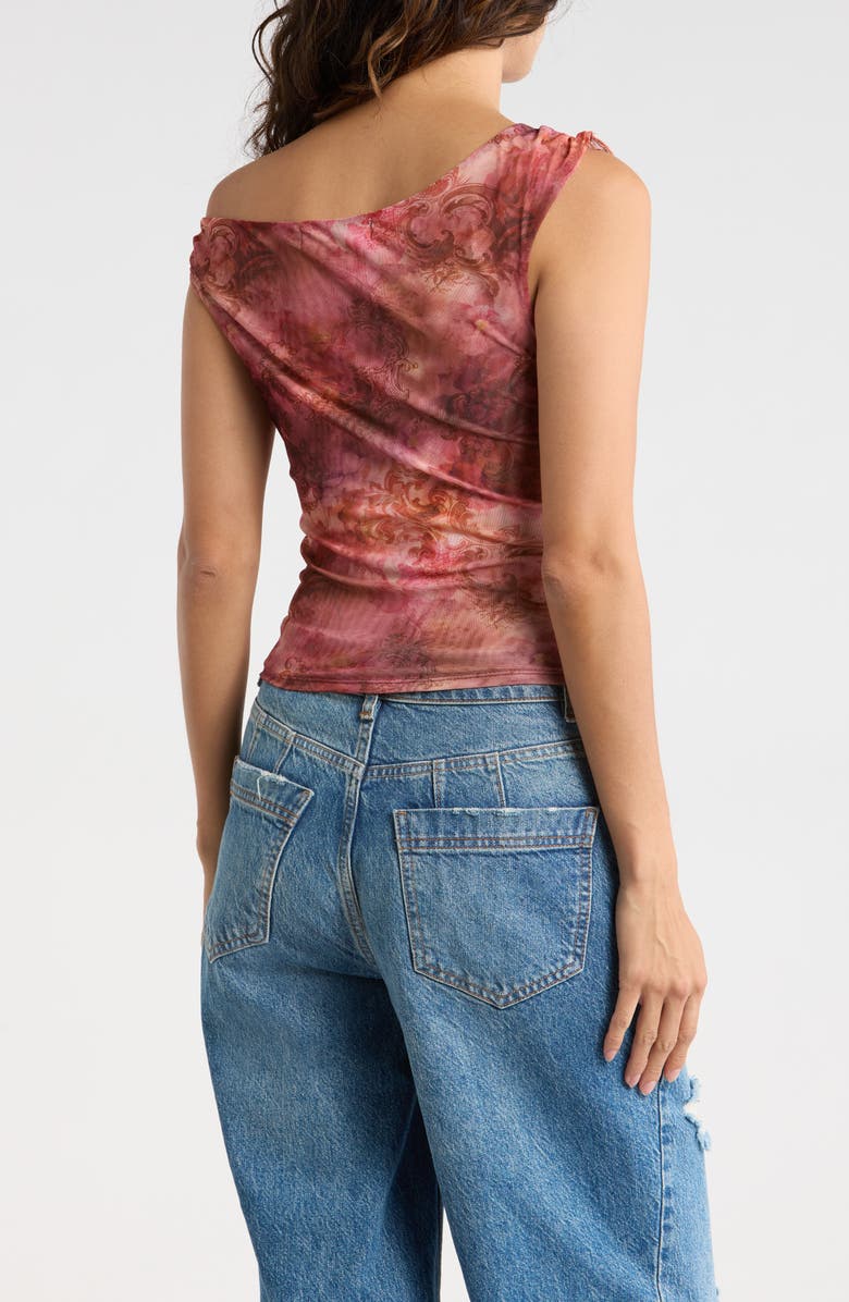 Madden Girl Printed One-Shoulder Mesh Top, Alternate, color, Rust Combo