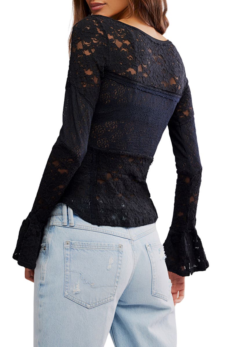 Free People Bell Sleeve Sheer Cotton Blend Lace Top, Alternate, color, Black