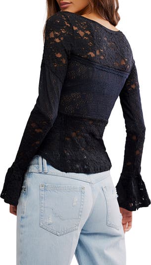 Bell Sleeve Sheer Cotton Blend Lace Top