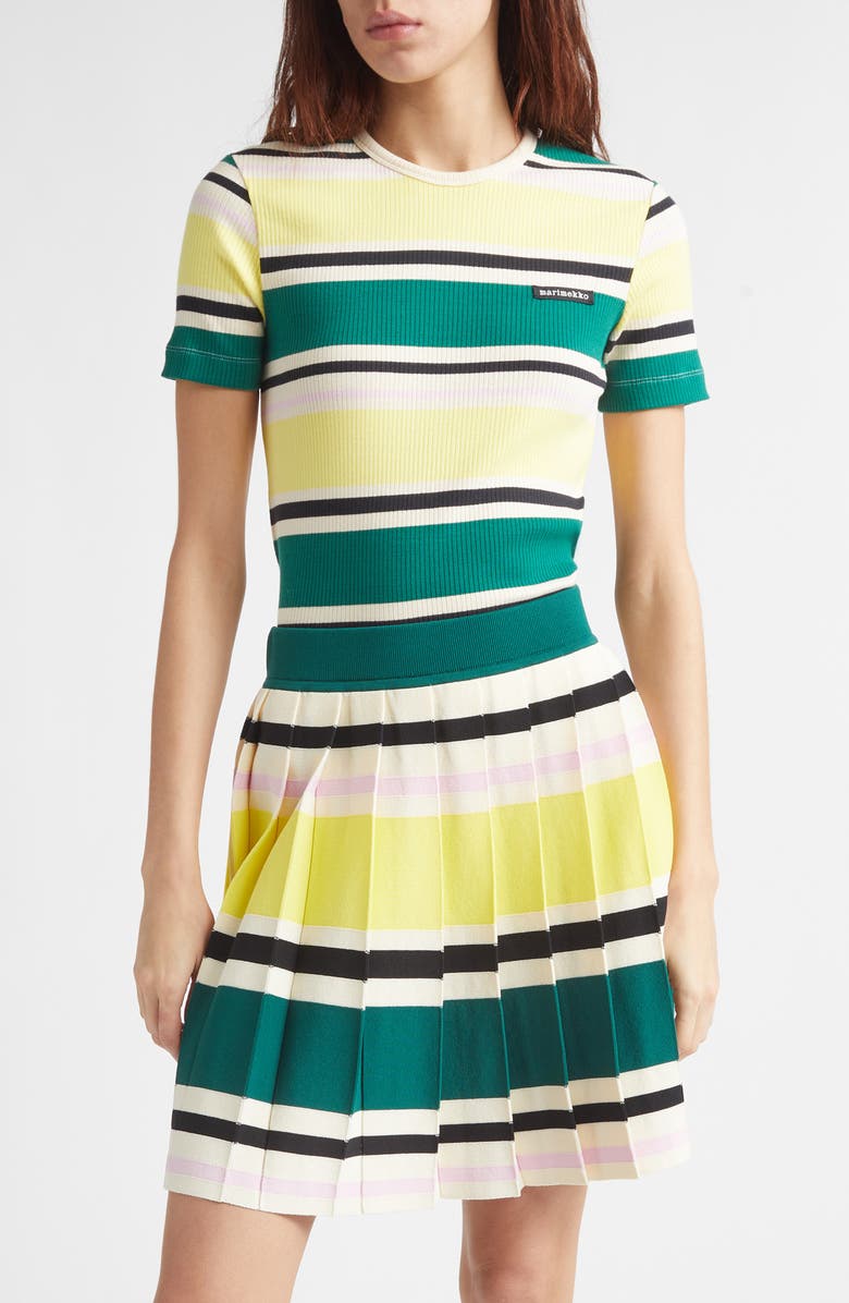 Marimekko Spurtti Helvi Cotton Blend Rib T-Shirt, Main, color, Dark Green Yellow Black