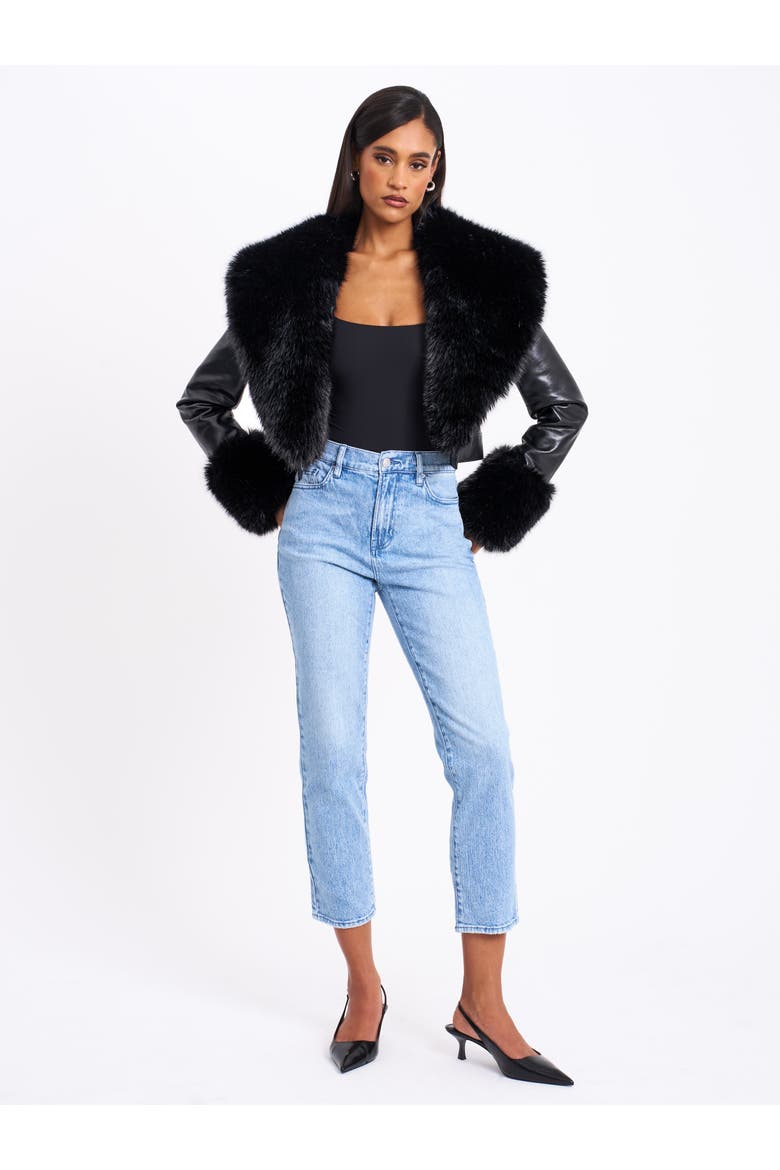 Ziah Cropped Leather Jacket with Fur Collar, Alternate, color, Black