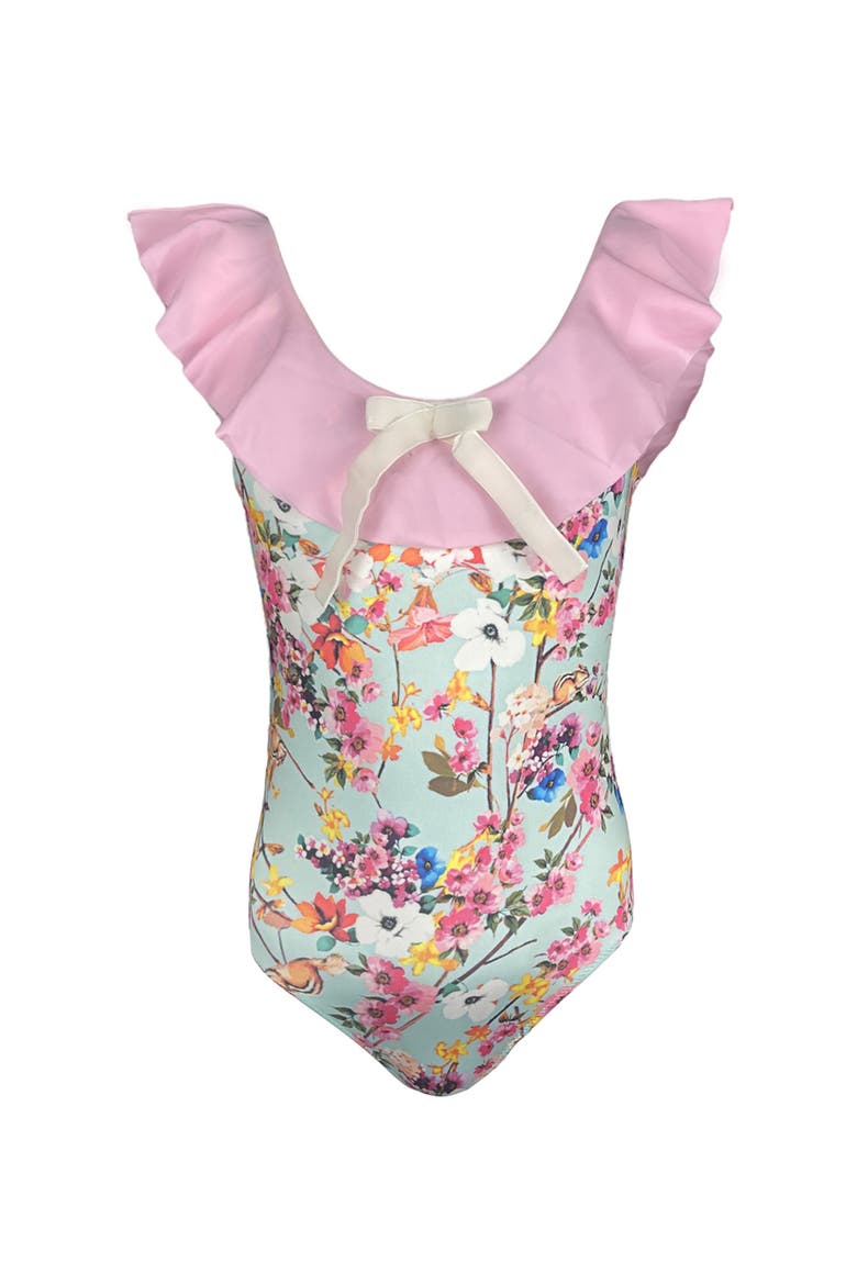 Kids' Floral Ruffle Bow Detail One-Piece Swimsuit, Main, color, multicolor