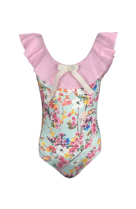 Kids' Floral Ruffle Bow Detail One-Piece Swimsuit