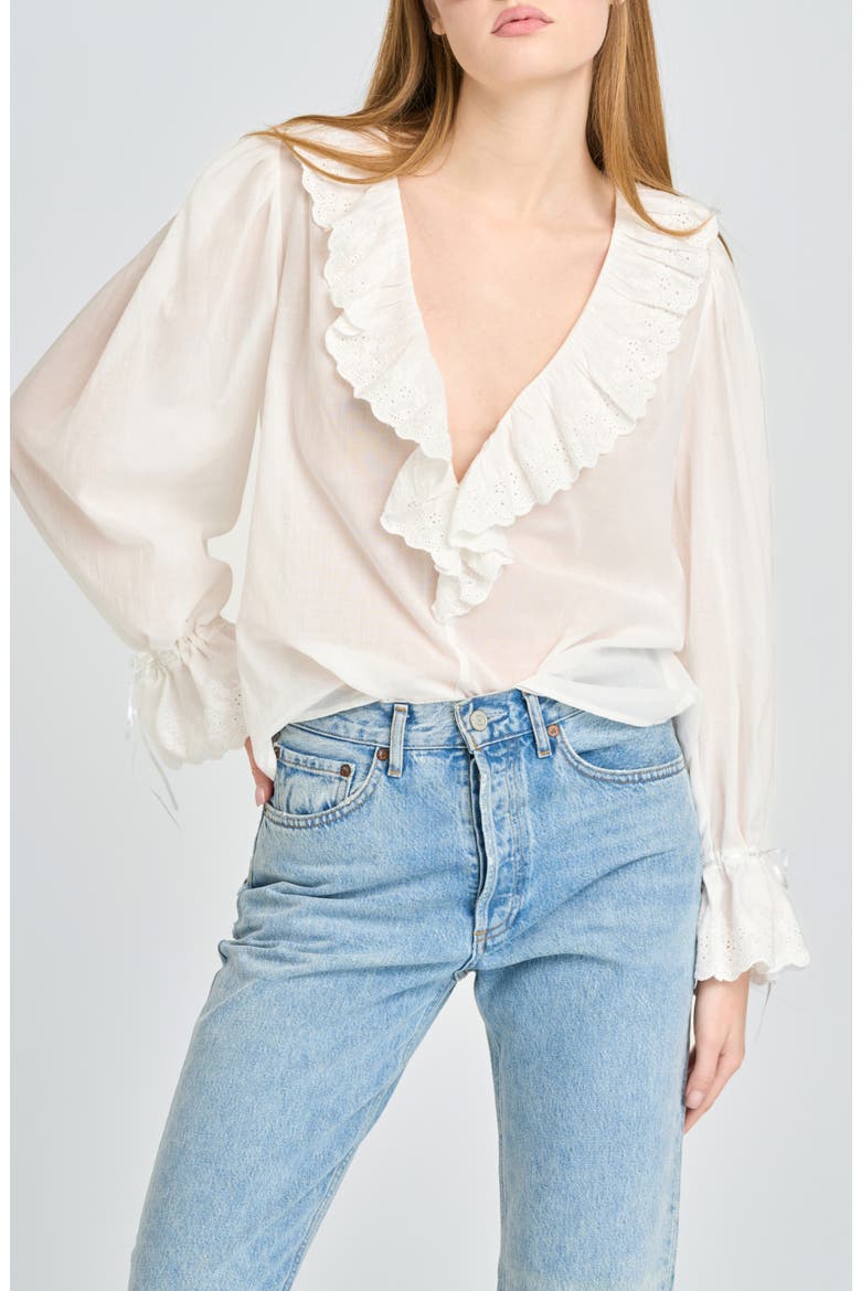 Helena Eyelet Ruffle Cotton Lawn Top, Main, color, IVORY