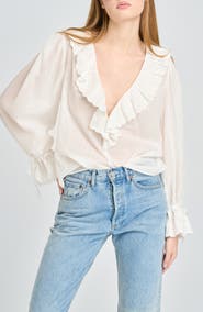 WAYF Helena Eyelet Ruffle Cotton Lawn Top