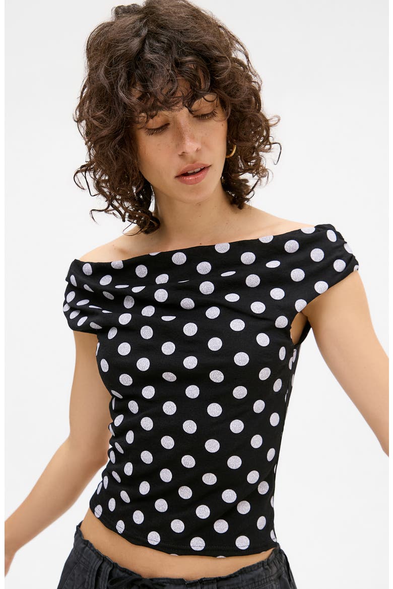 Fia Polka Dot Off the Shoulder Top, Alternate, color, BLACK
