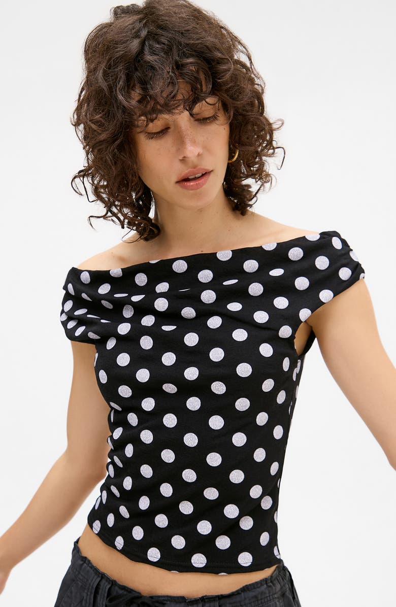 BDG Urban Outfitters Fia Polka Dot Off the Shoulder Top, Alternate, color, Black