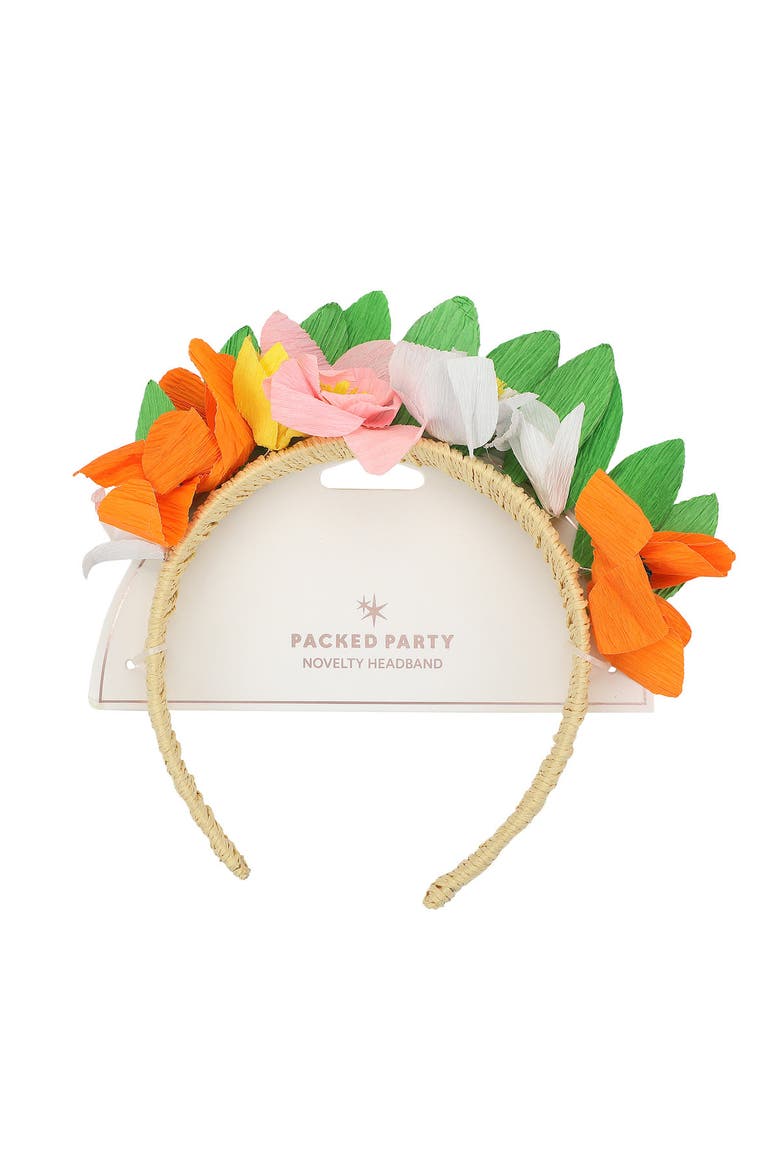 Garden Party Novelty Floral Headband - Natural Raffia Base with Multicolor Paper Raffia Die-Cut Flowers and Leaf Accents, 5x7 Inch, Main, color, Multicolor