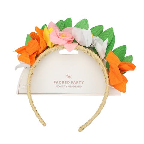 Garden Party Novelty Floral Headband - Natural Raffia Base with Multicolor Paper Raffia Die-Cut Flowers and Leaf Accents, 5x7 Inch