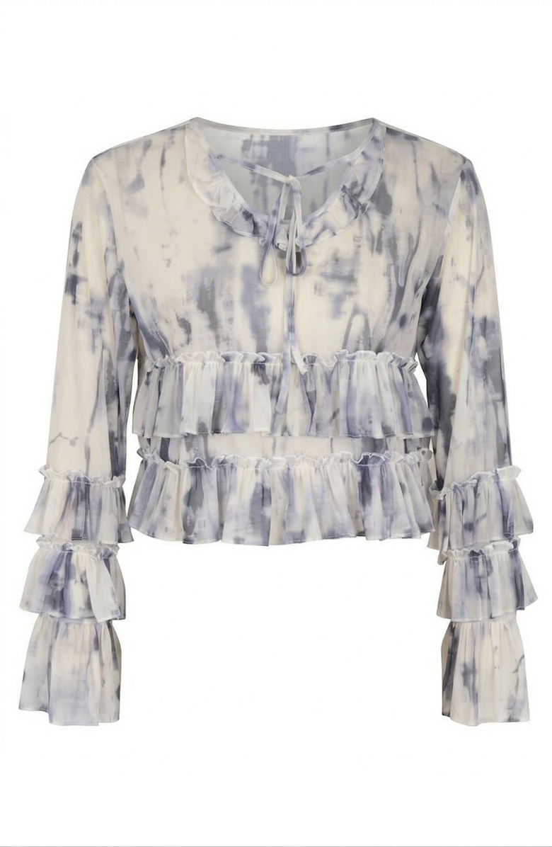 Modenaire Ruffle Blouse with Tie Neck Detail, Alternate, color, Cream / Charcoal