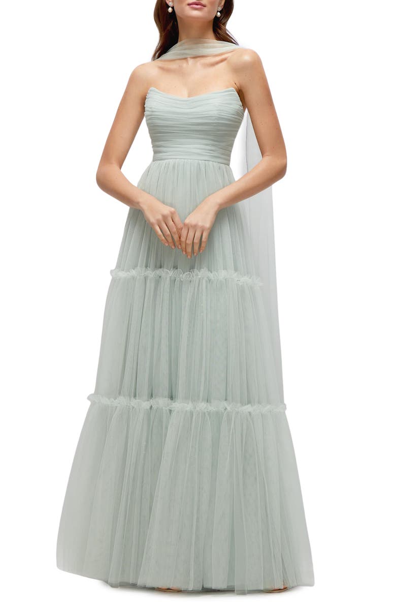 Dessy Collection Strapless Tiered Tulle Gown, Main, color, Willow