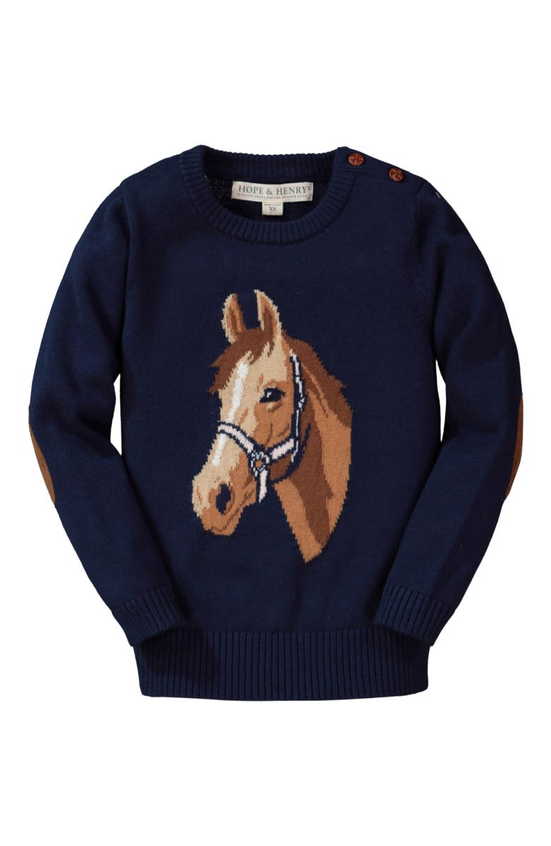 Hope & Henry Baby Girls' Organic Horse Intarsia Sweater, Infant, Main, color, Navy