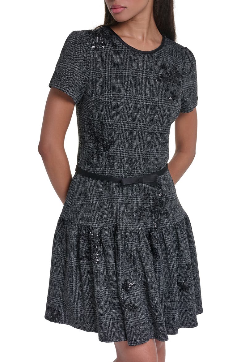 Plaid Sequin Ponte Minidress, Alternate, color, BLACK MULTI
