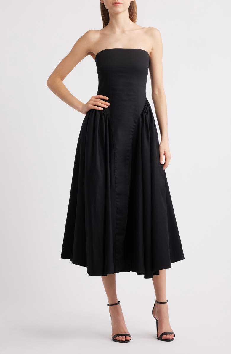 Delfi Collective Imani Strapless Midi Cocktail Dress, Main, color, Black