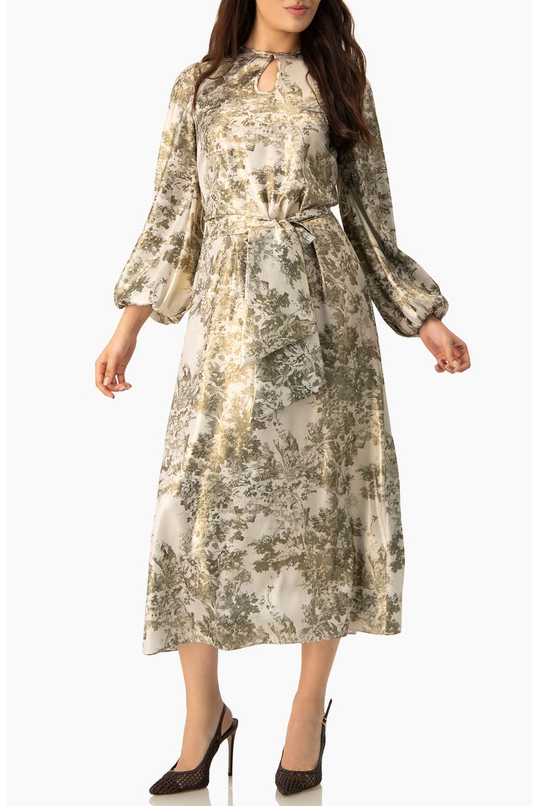 Botanical Print Satin, Long Sleeve Belted Keyhole Midi Dress, Main, color, Olive Green