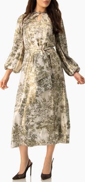 IVONNE Botanical Print Satin, Long Sleeve Belted Keyhole Midi Dress