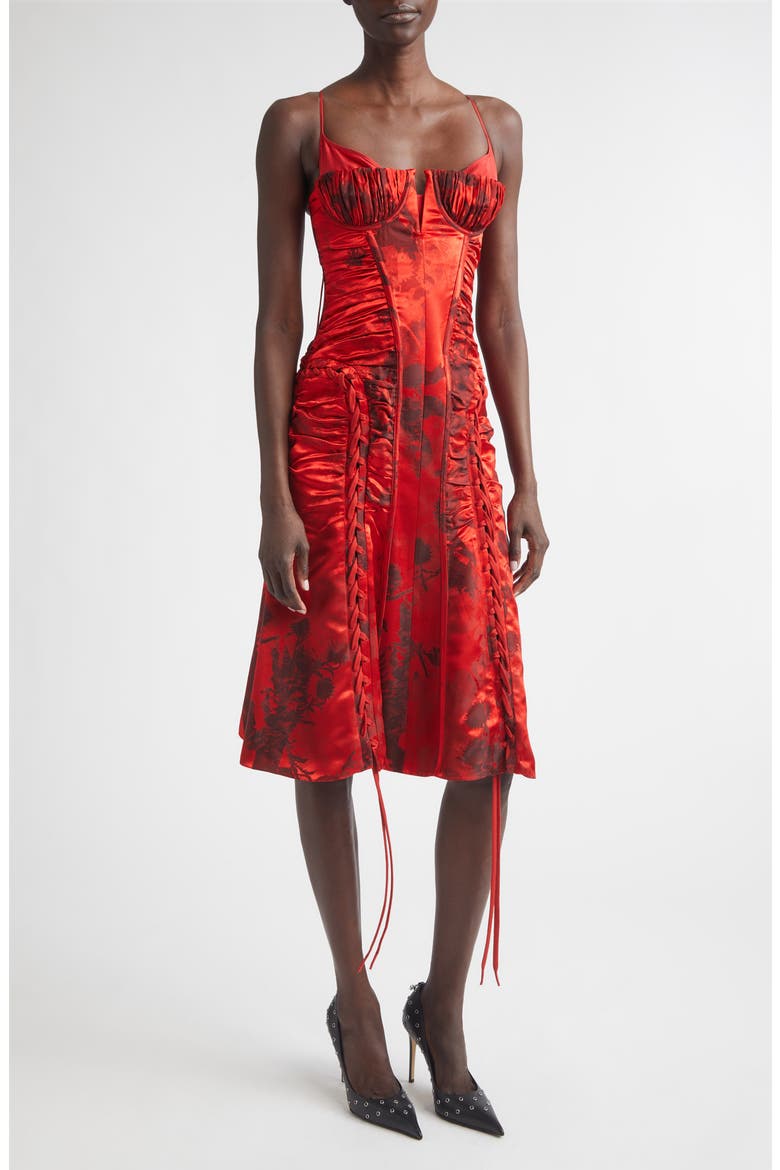 Floral Jacquard Corset Dress, Main, color, RED-BLACK