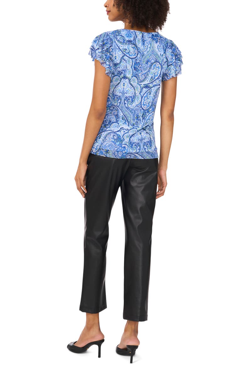 Paisley Print Flutter Sleeve Mesh Top, Alternate, color, CANAL BLUE