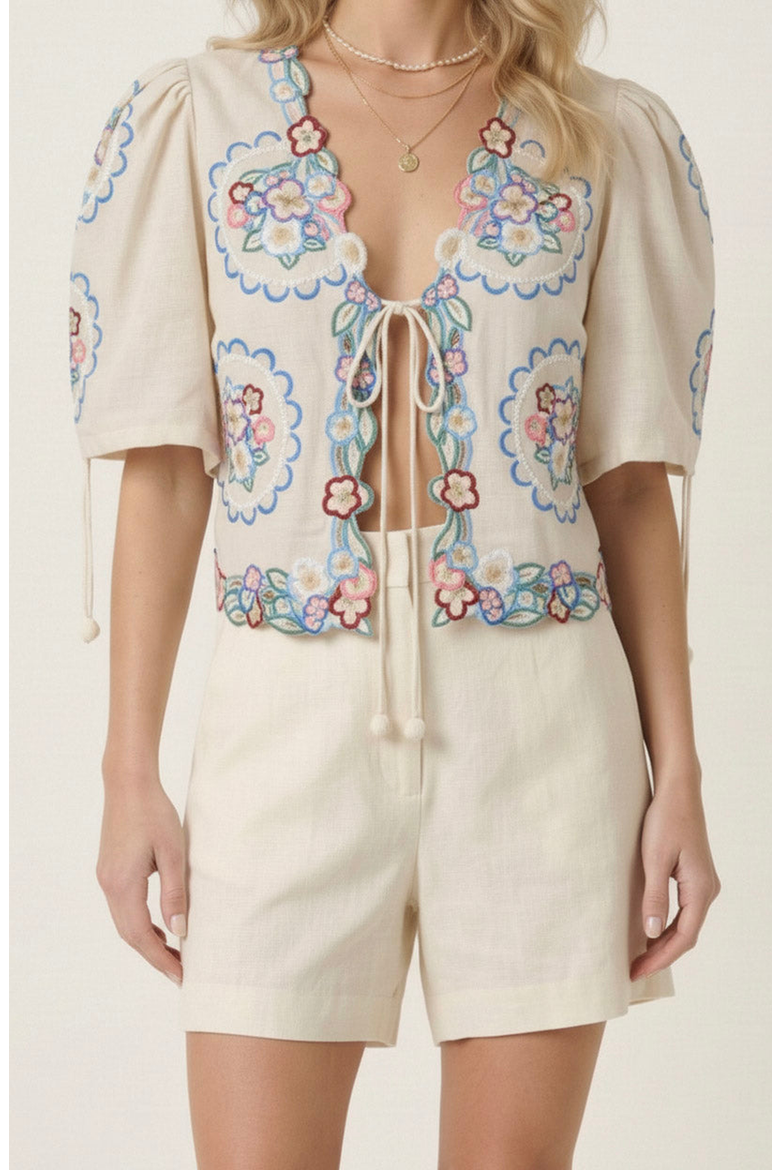 Floral Embroidered Tie Front Cropped Top, Alternate, color, Ecru