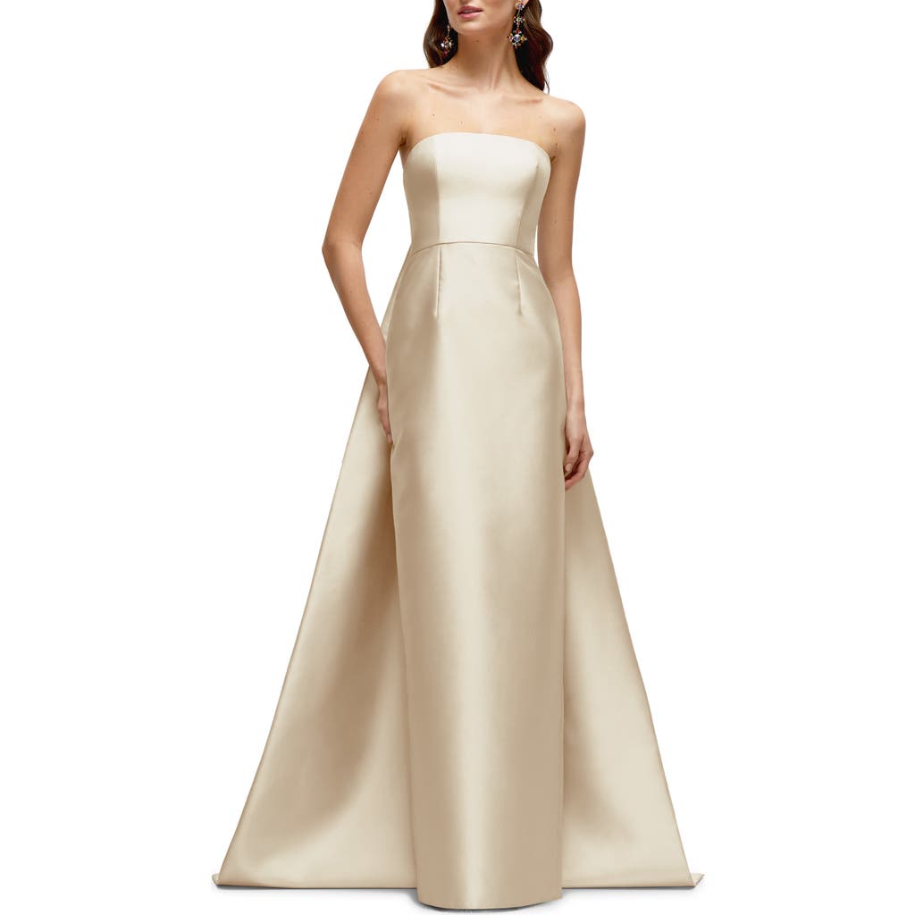 Alfred Sung Strapless Satin Twill Column Gown with Removable Train in Champagne