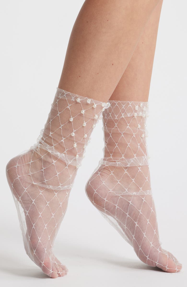 HIGH HEEL JUNGLE Crystal Sheer Tulle Crew Socks, Main, color, White