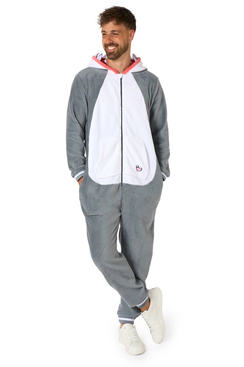 Shark Hooded Fleece Costume Jumpsuit, Alternate, color, GREY