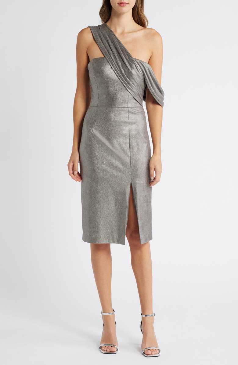 Black Halo Evelina Metallic Off the Shoulder Sheath Dress, Main, color, 