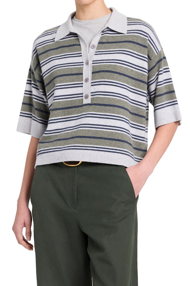 Stripe Half Placket Stretch Wool Polo Sweater, Main, color, MOSS / NIGHT SKY