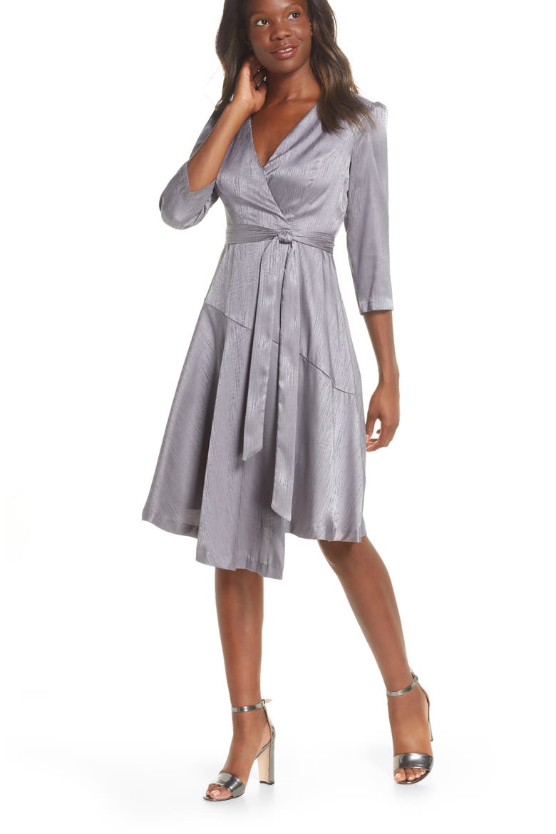 Jacquard Asymmetrical Faux Wrap Dress, Main, color, GUNMETAL