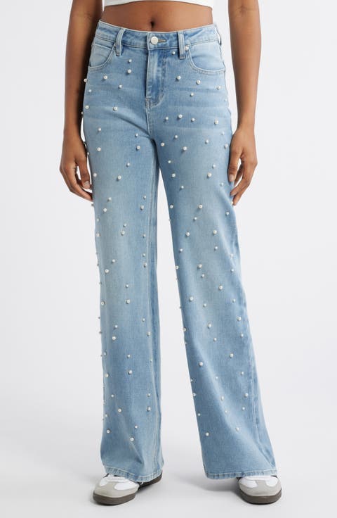 High Waist Faux Pearl Flare Leg Jeans